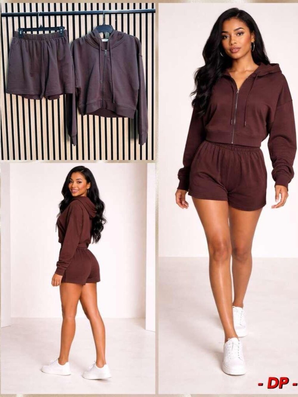 Matching Shorts and Zip Up Hoodie 2 Piece Set 100% Cotton Chocolate Brown